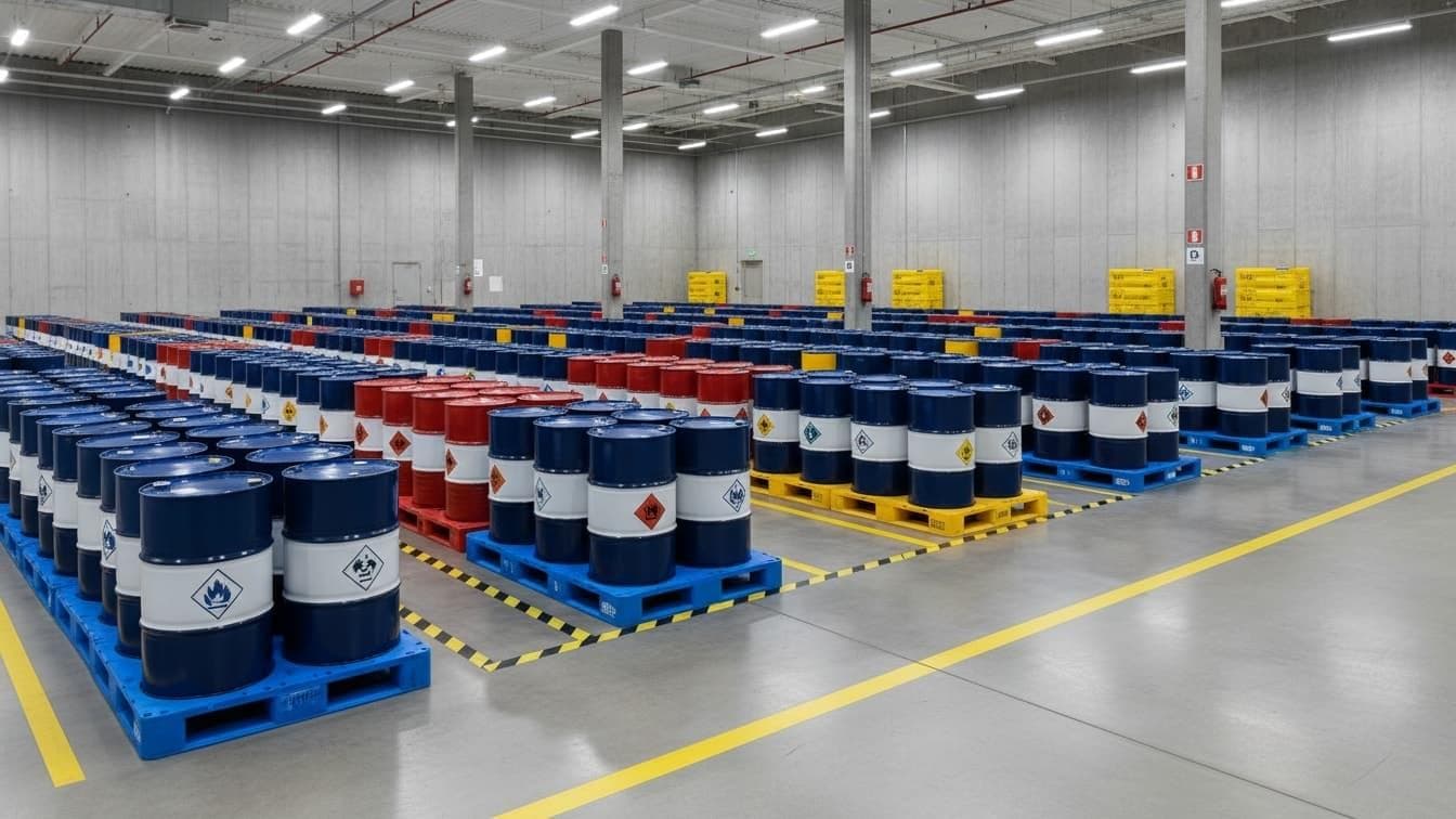 Industrial chemical containers in a professional storage setting